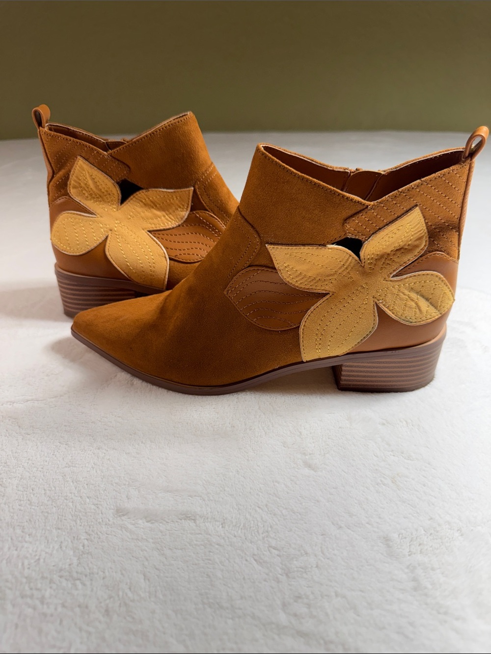 Monroe & Main Tan Suede Floral Applique Ankle Booties